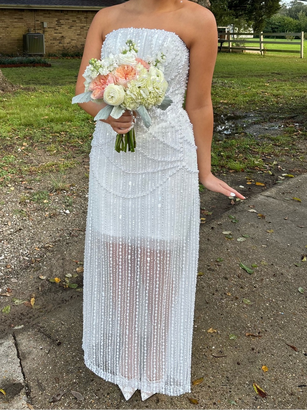 Elegant Strapless White Beaded Evening Gown